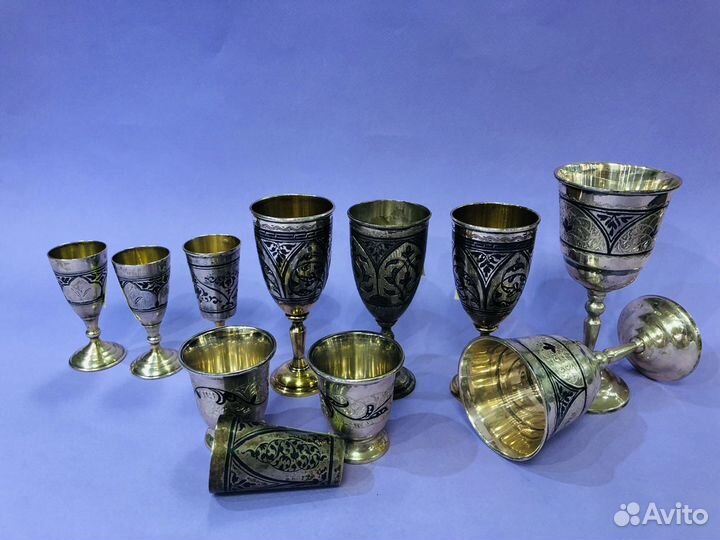 Серебрянные рюмки с чернением и позолотой 8-11см