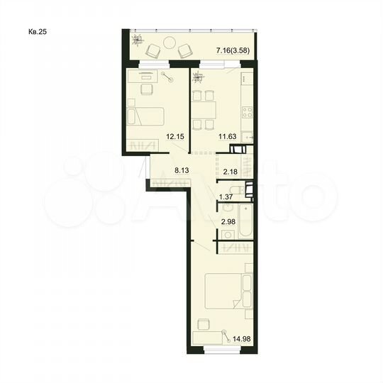 2-к. квартира, 57 м², 5/5 эт.