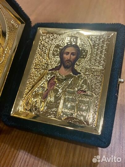 Иконы венчальная пара. Складень. (Зелёный бархат)