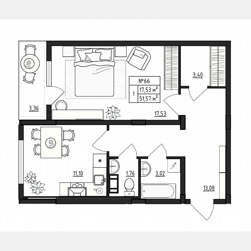 1-к. квартира, 51,6 м², 4/4 эт.