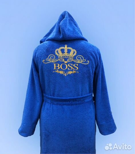 Мужской махровый халат синий