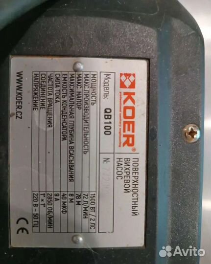 Вихревой насос поверхностный QB100 Koer