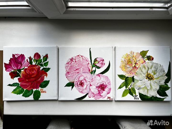 Картина маслом на холсте пионы розы