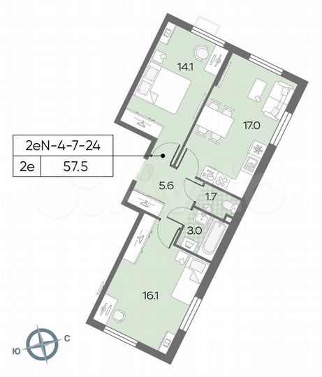 2-к. квартира, 57,5 м², 24/24 эт.