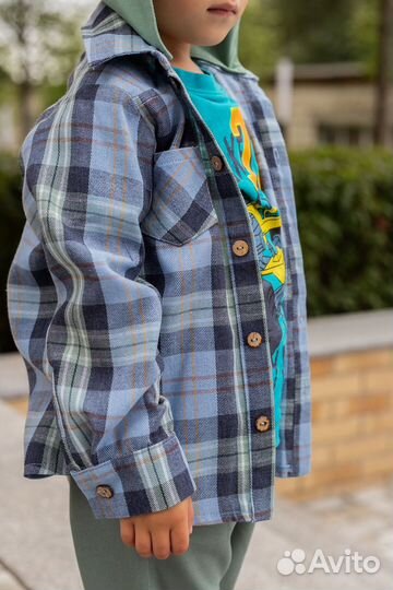 Рубашка в клетку теплая детская 98-122 голубая
