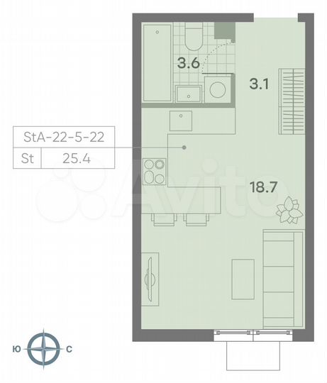 Квартира-студия, 25,4 м², 22/23 эт.
