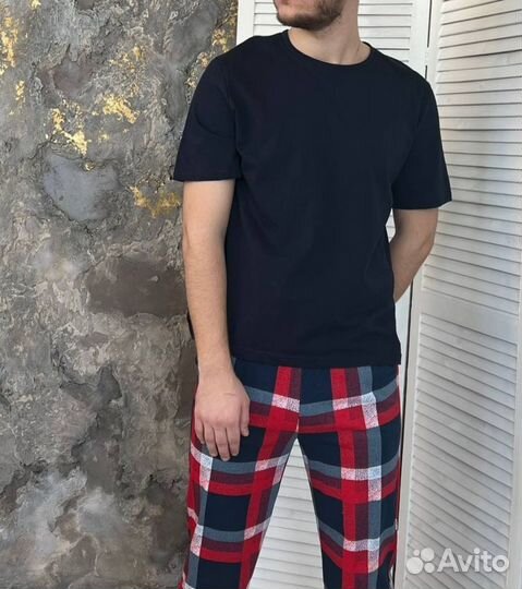 Мужская пижама с брюками, темно-синий+клетка, 46