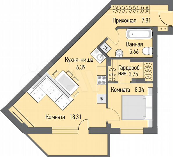 2-к. квартира, 51,3 м², 4/16 эт.