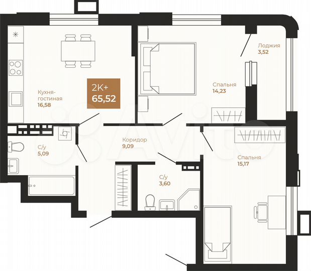 2-к. квартира, 65,5 м², 21/22 эт.