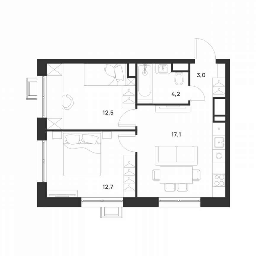 2-к. квартира, 49,5 м², 9/17 эт.