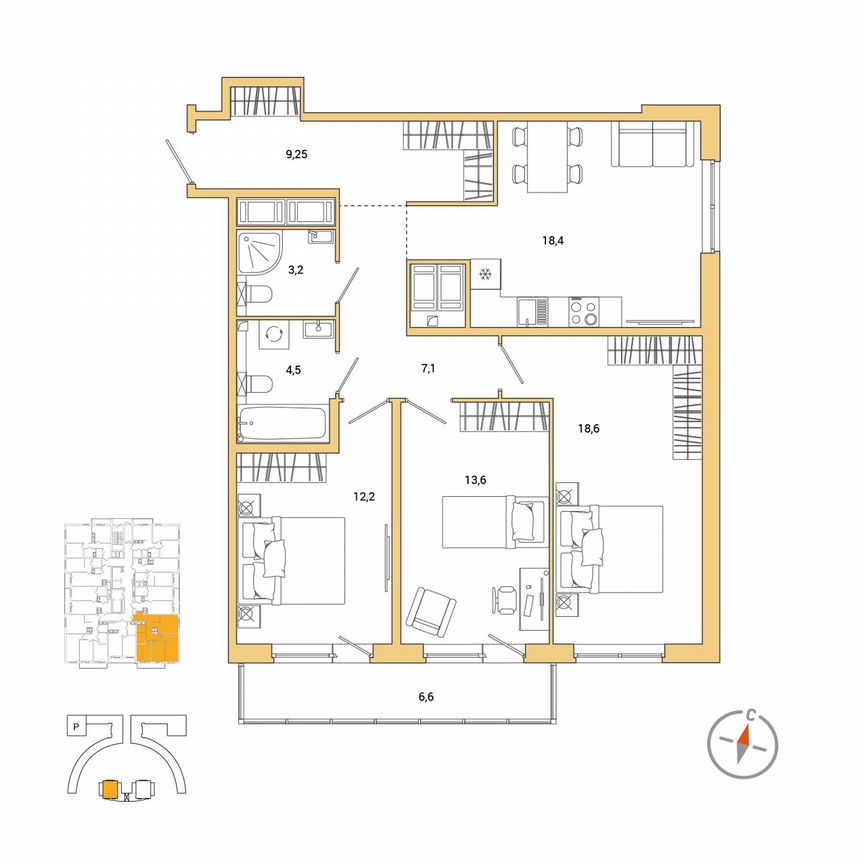 3-к. квартира, 88,8 м², 22/25 эт.