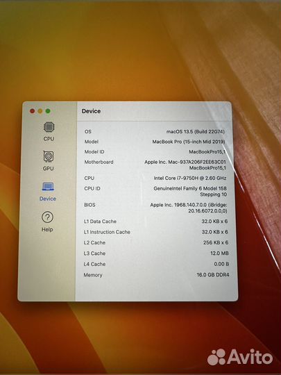 Macbook pro 15 2019 Retina i7/16gb