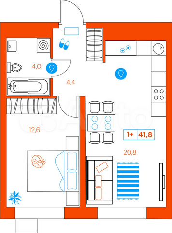 1-к. квартира, 41,8 м², 8/21 эт.