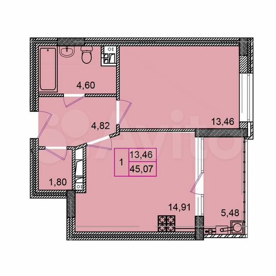 1-к. квартира, 45,1 м², 5/8 эт.