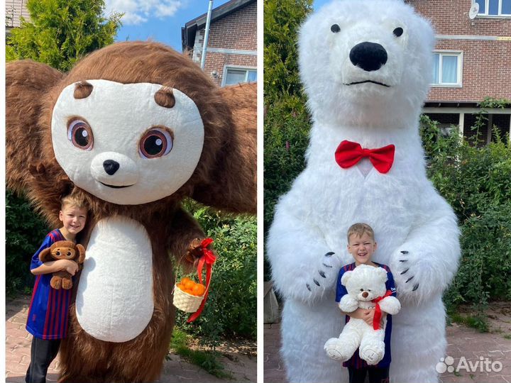 Мишка белый ростовая кукла и чебурашка