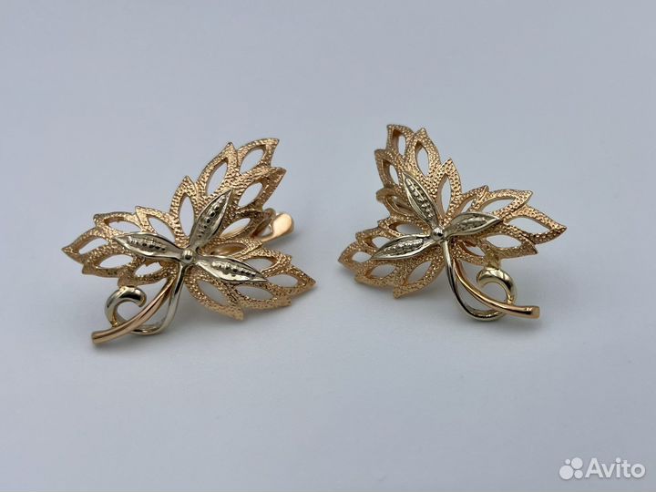 Золотые серьги кленовые листья СССР 583 проба