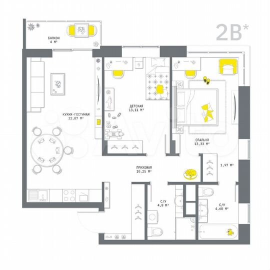 2-к. квартира, 75 м², 15/25 эт.