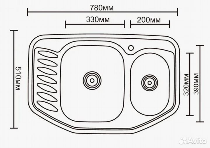 Кухонная мойка из нержавеющей стали 78х51 см (две