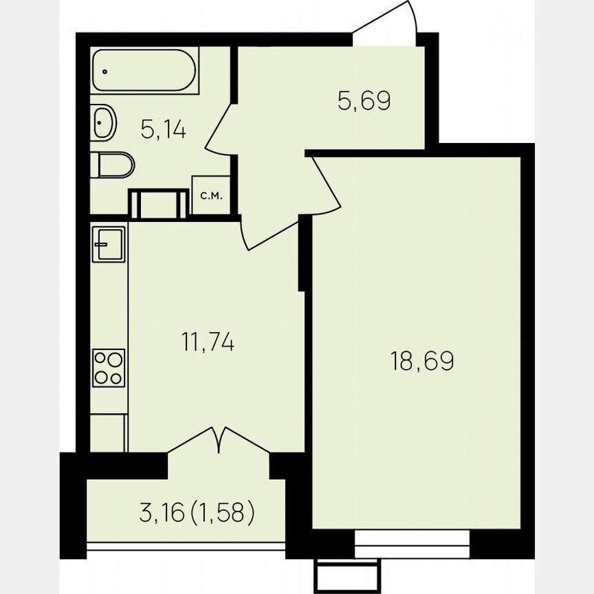 1-к. квартира, 44 м², 18/19 эт.