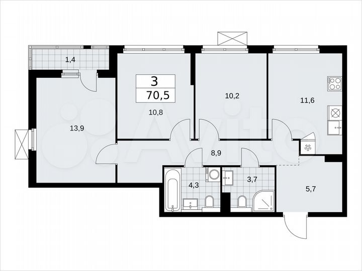 3-к. квартира, 70,5 м², 4/17 эт.