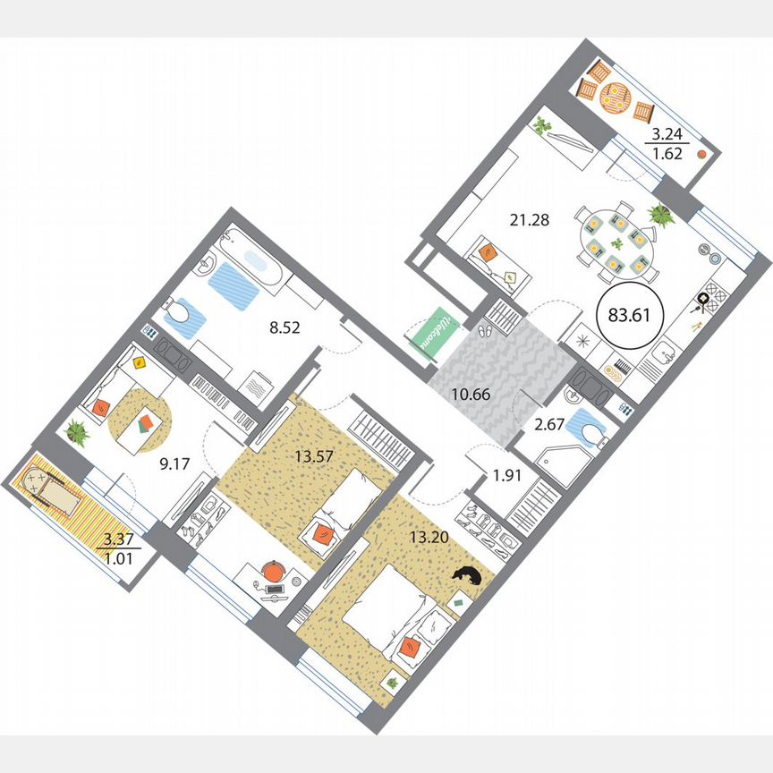 3-к. квартира, 83,6 м², 7/12 эт.