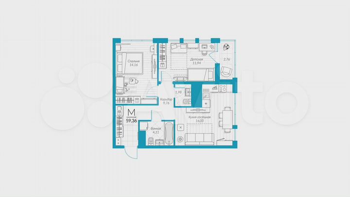 2-к. квартира, 59,4 м², 17/18 эт.