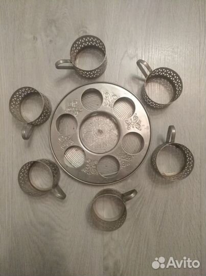 Мельхиоровые подстаканники и поднос под графин и 6