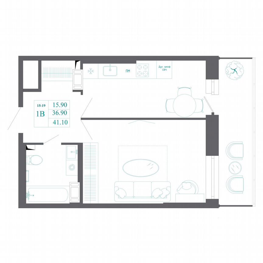 1-к. квартира, 41,1 м², 18/19 эт.