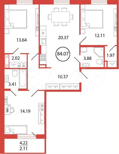 3-к. квартира, 84,1 м², 11/12 эт.