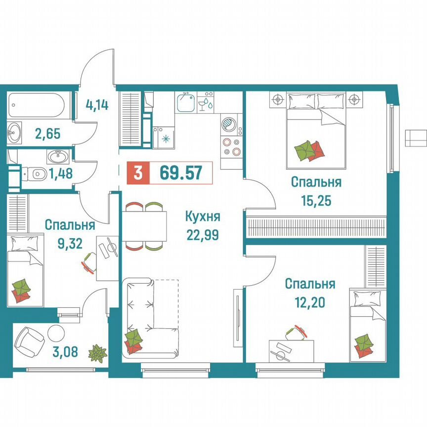3-к. квартира, 69,6 м², 6/18 эт.