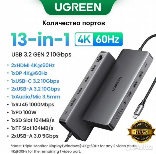 USB HUB Ugreen 13 in 1 (два hdmi + DP) - новый