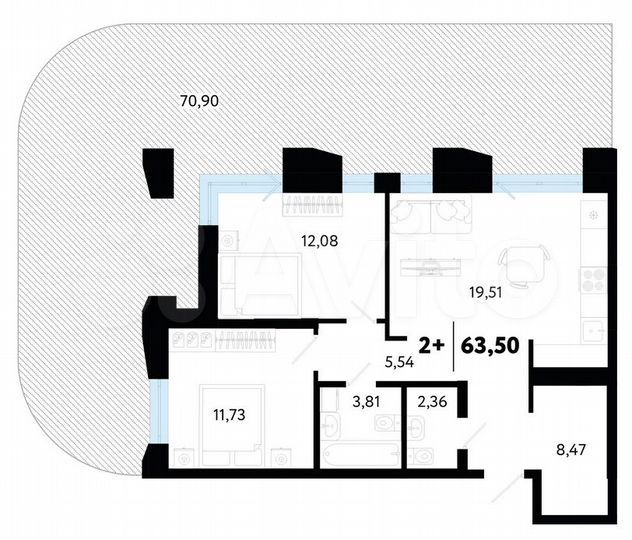 2-к. квартира, 63,5 м², 1/14 эт.
