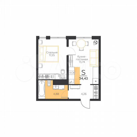 1-к. квартира, 34,4 м², 3/5 эт.