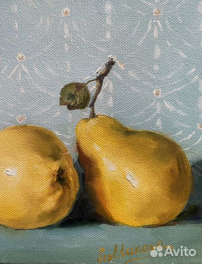 Картина маслом, натюрморт «Солнечные груши»