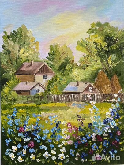 Картина маслом пейзаж с домиками