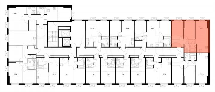 2-к. квартира, 57,4 м², 14/16 эт.