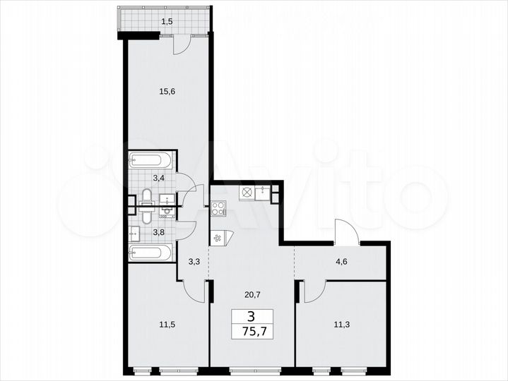 3-к. квартира, 75,7 м², 12/15 эт.