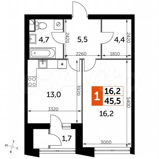 1-к. квартира, 45,5 м², 34/43 эт.
