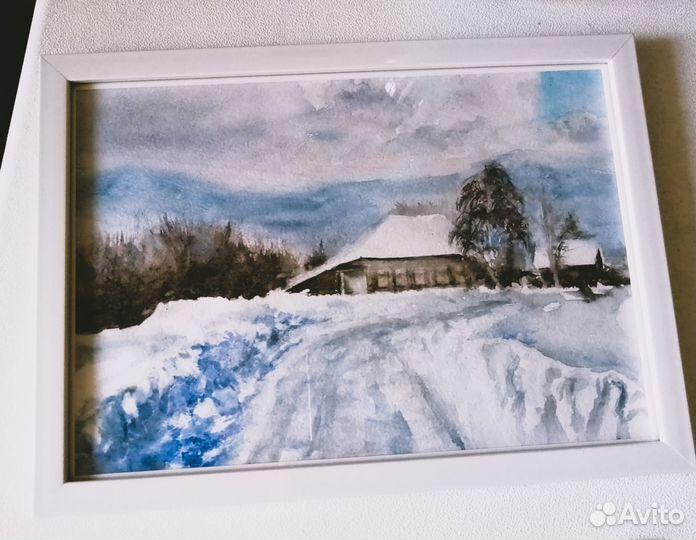 Акварель #зимний пейзаж #домик в деревне