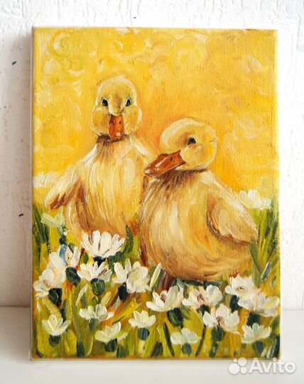Картина маслом утята на холсте 15х20 см
