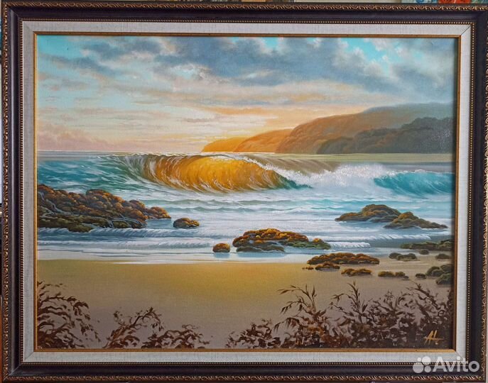 Картина масло холст 92*72 море закат волна