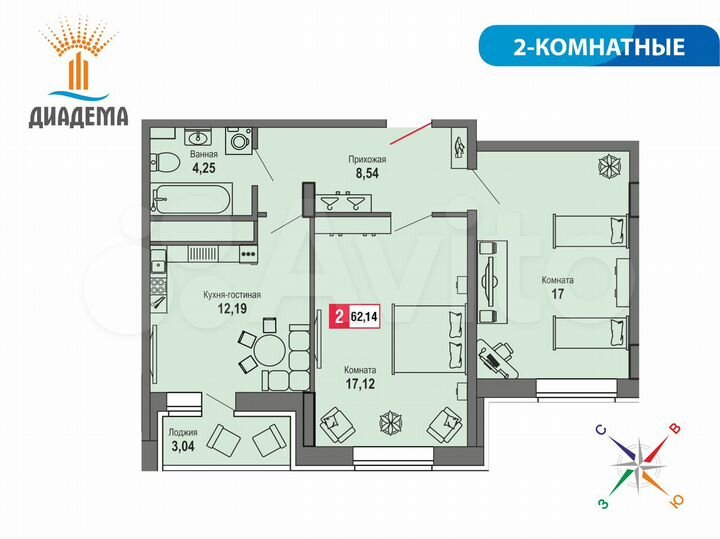 2-к. квартира, 62,1 м², 19/22 эт.