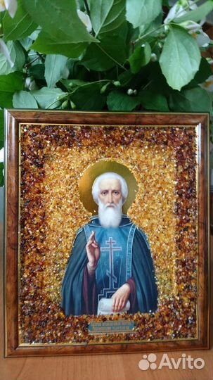 Икона с янтарной крошкой Сергий Радонежский