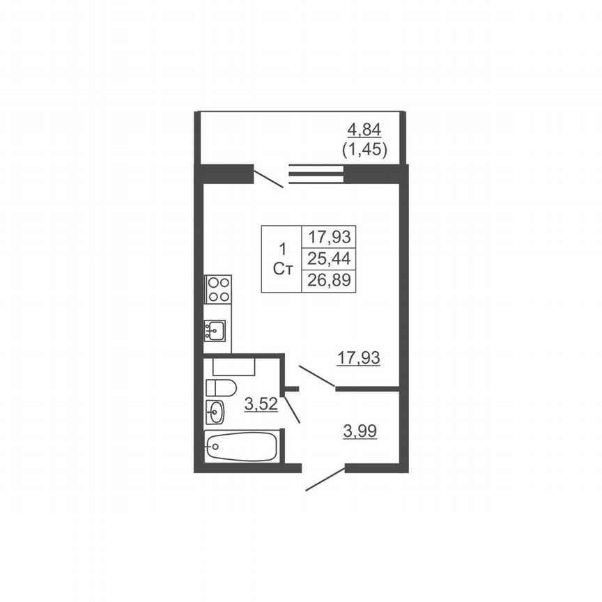 Квартира-студия, 26,9 м², 4/16 эт.