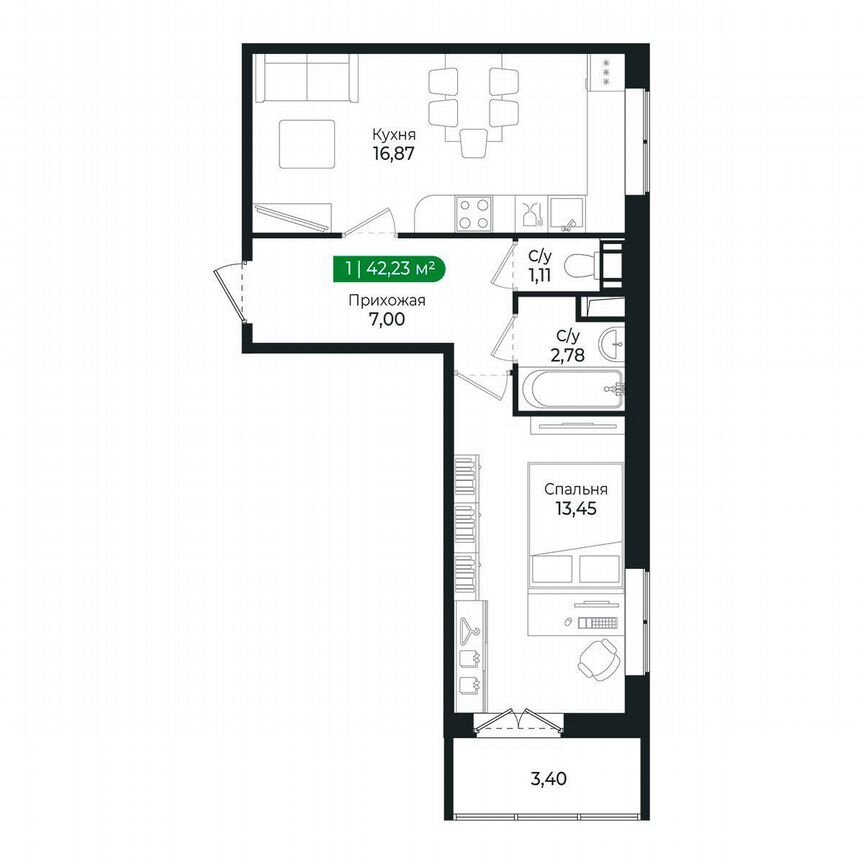 1-к. квартира, 42,2 м², 7/8 эт.