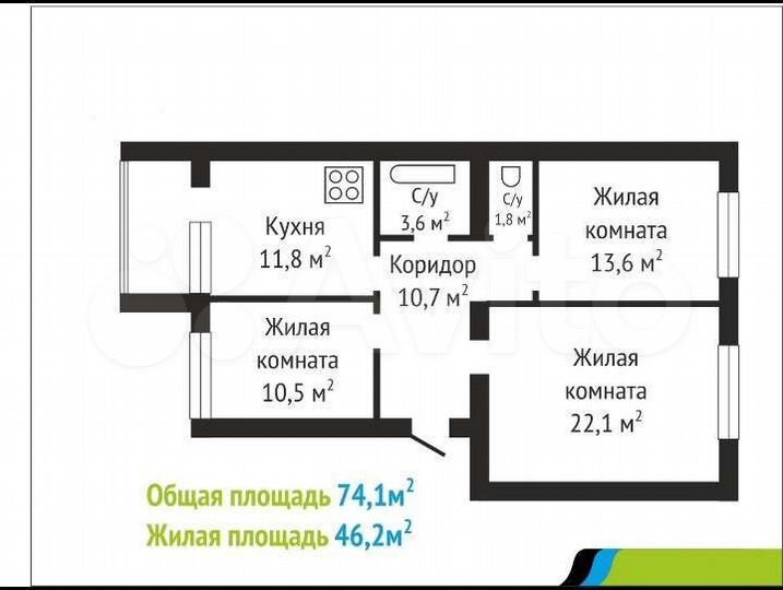 3-к. квартира, 74,1 м², 5/5 эт.