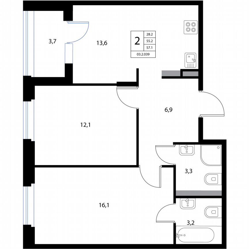 3-к. квартира, 57,1 м², 3/3 эт.