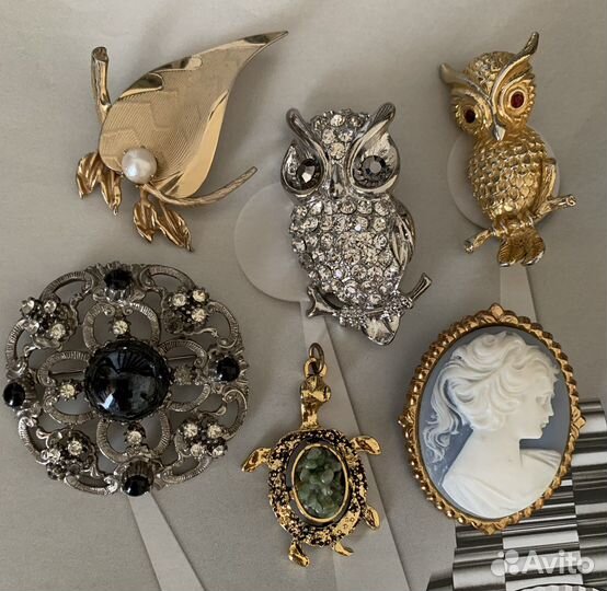 Винтажные броши Сова,кулон черепаха, нифрит