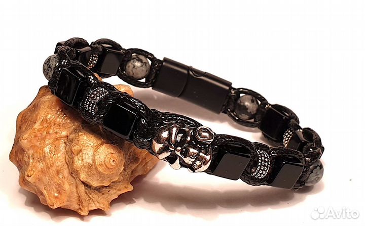 Мужской браслет Череп Черный агат, снежный обсидан