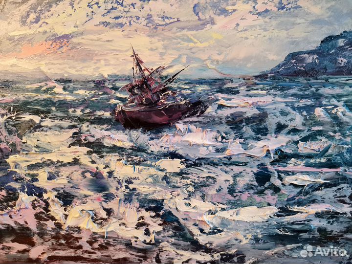 Картина маслом корабль море шторм Художник Свинар